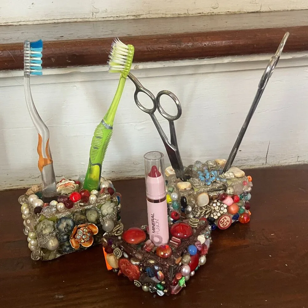 3 Handmade Pen/ Pencil/ Brush holders mosaic of beads, faux pearls, sparkles